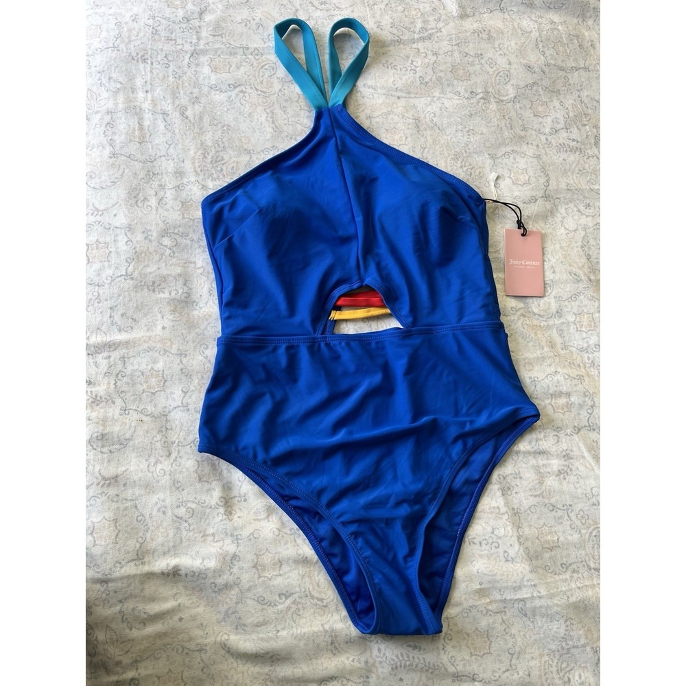Juicy Couture Womens Swim Suit L One Piece NWT Bright Blue High Neck‎ Rainbow